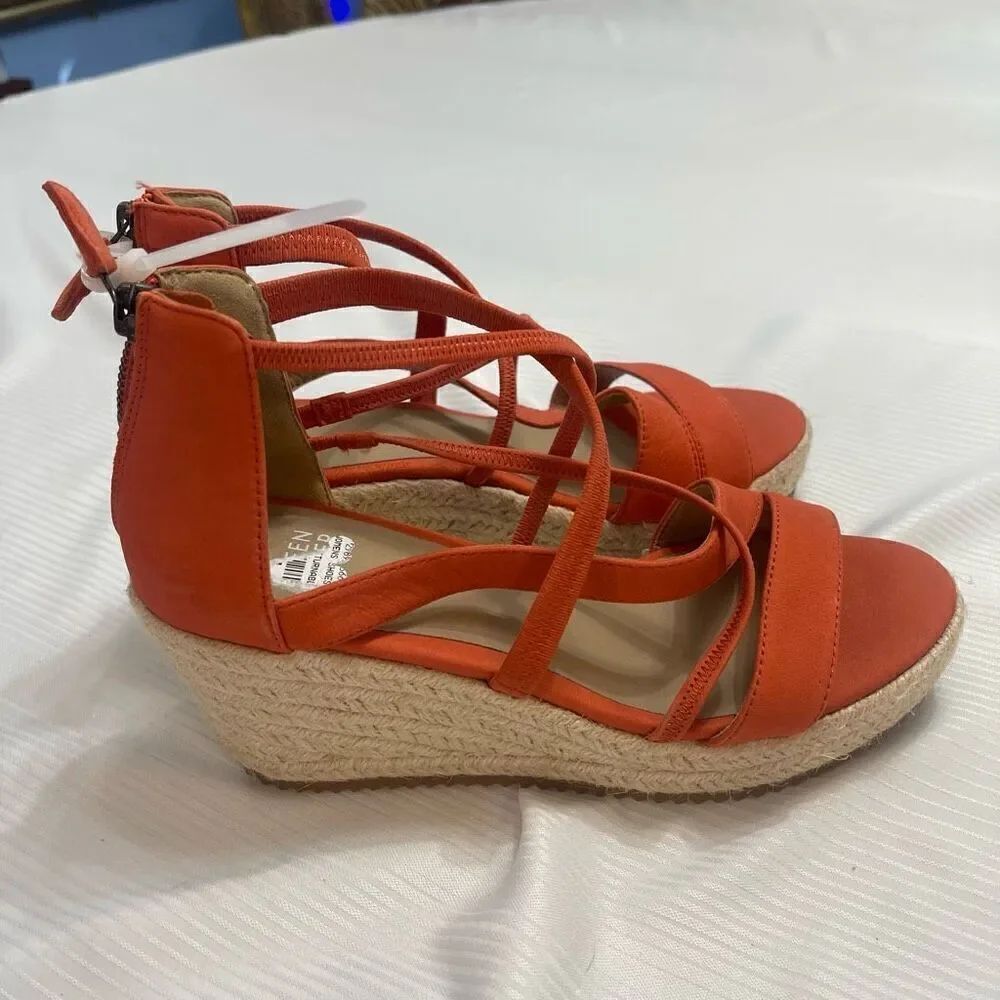 Eileen Fisher Wanda Wedge Strappy Sandals Orange Leather Zip Back Size 6 New